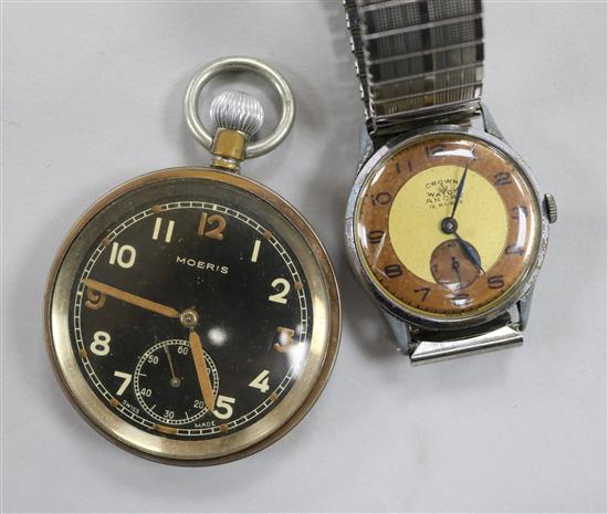 A military pocket watch and a gentlemans Crown wrist watch.